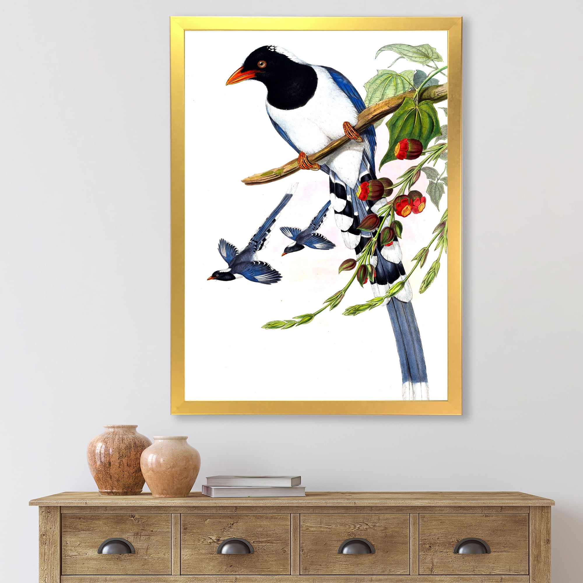 Designart 'Vintage Countryside Birds On Branch IV' Farmhouse Framed Art Print