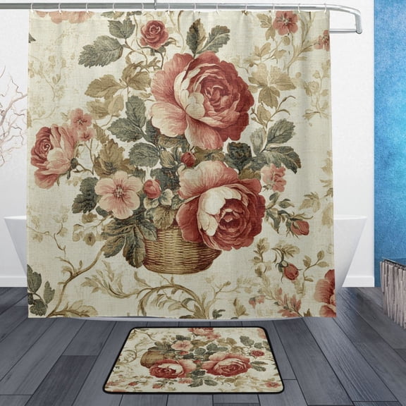 BZSMCE Shower Curtain and Bath Accessory Set,Vintage Rose Bouquet Pattern