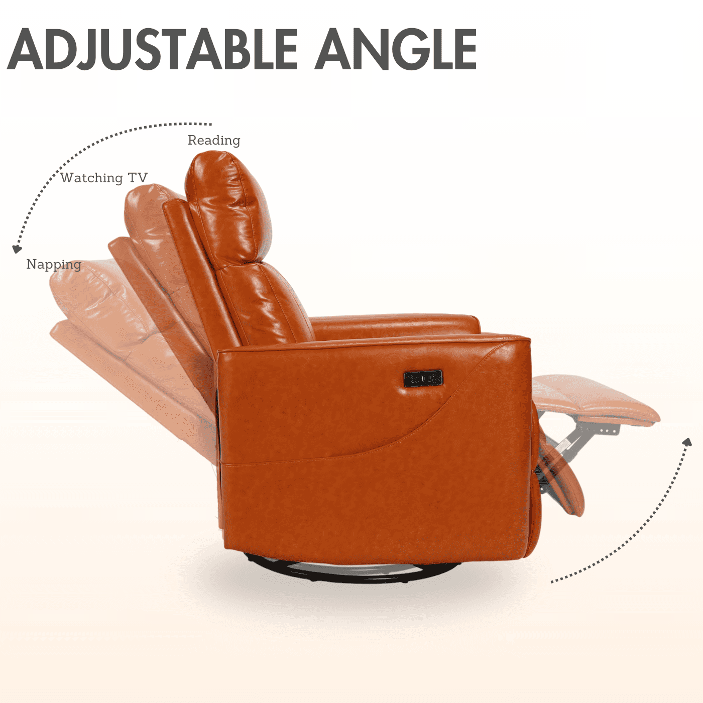 Legooin Multi-Function Power Recliner Chair with 8-Point Massage & Heat - 270° Swivel Rocker with USB Charging, Faux Leather Nursery Chair for Baby Adult, Orange Brown