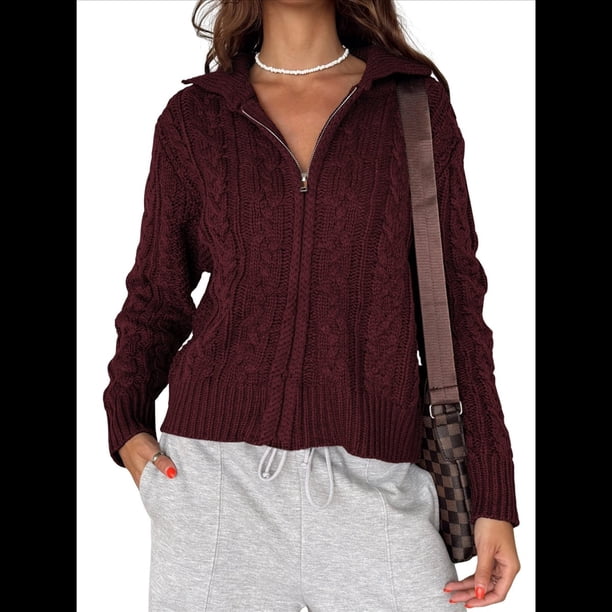 Cárdigan de Punto con Cuello Alto y Larga para Mujer, Moderno y Elegante, con Cremallera Frontal, Abrigo Extragrande para Otoño Vino Tinto S