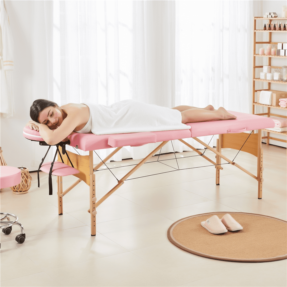 Alden Design 2-Fold Portable Wooden Massage Table for Spa Treatments & Tattoos, 84", Pink
