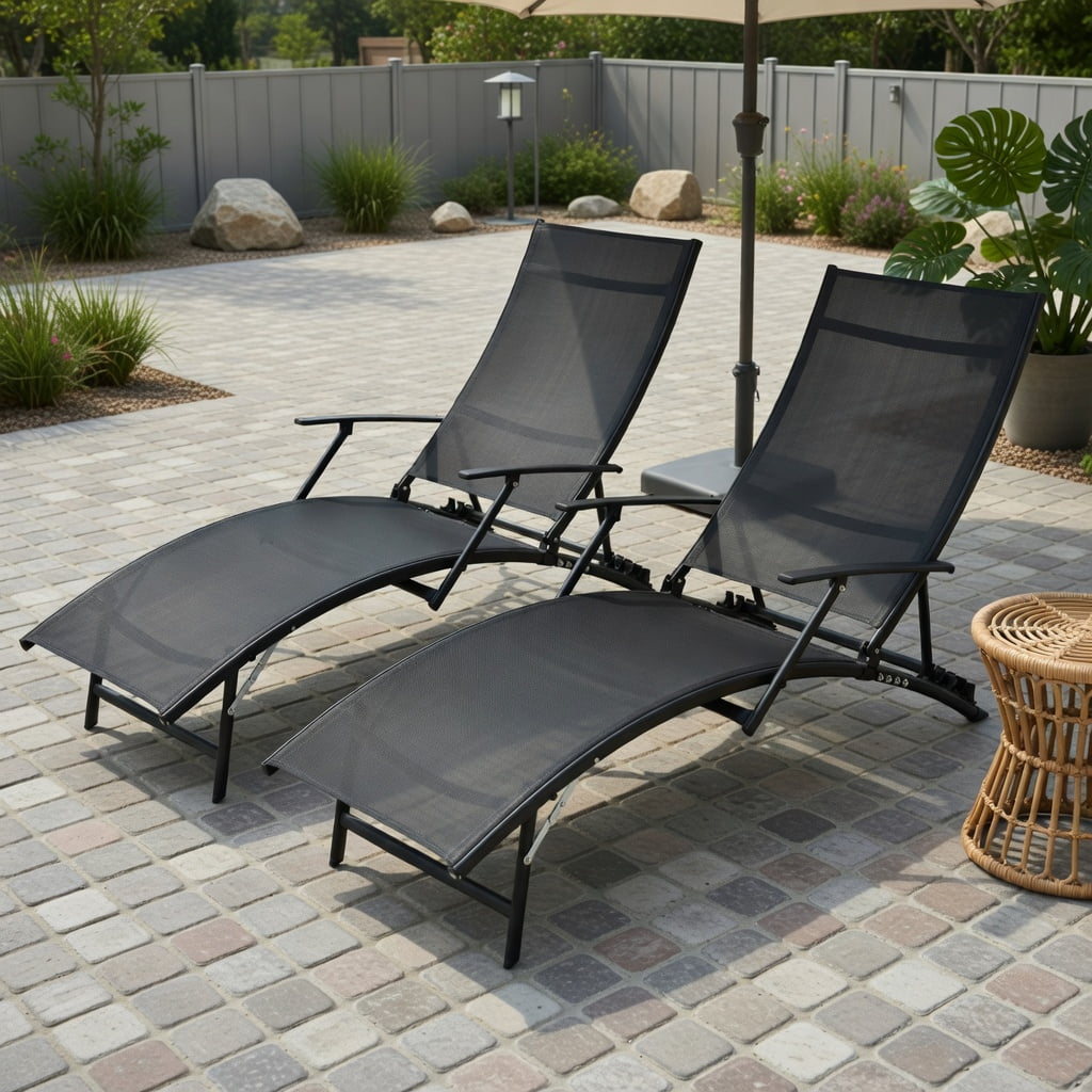 Yardi Yard 2 Pieces Patio Folding Stackable Lounge Chair Chaise with Armrest  Lounge Chairs for Outdoor  Folding Lounger Chaise Chair-Black