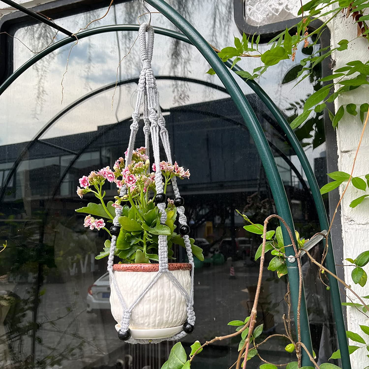 Macrame Plant Hanger for 5 to 10 Inch Plant Pots, Set of 2 Indoor Handmade 35 Inch Woven Rope Hanger Kits with Hooks and Wood Beads, Hanging Planter Basket Holder for Boho Home Decor (White, 2 Pack)