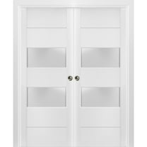Sliding French Double Pocket Doors 72 x 80 inches Frosted Glass 2 lites| Lucia 4010 White Silk | Kit Trims Rail Hardware | Solid Wood Interior Bedroom Sturdy Doors