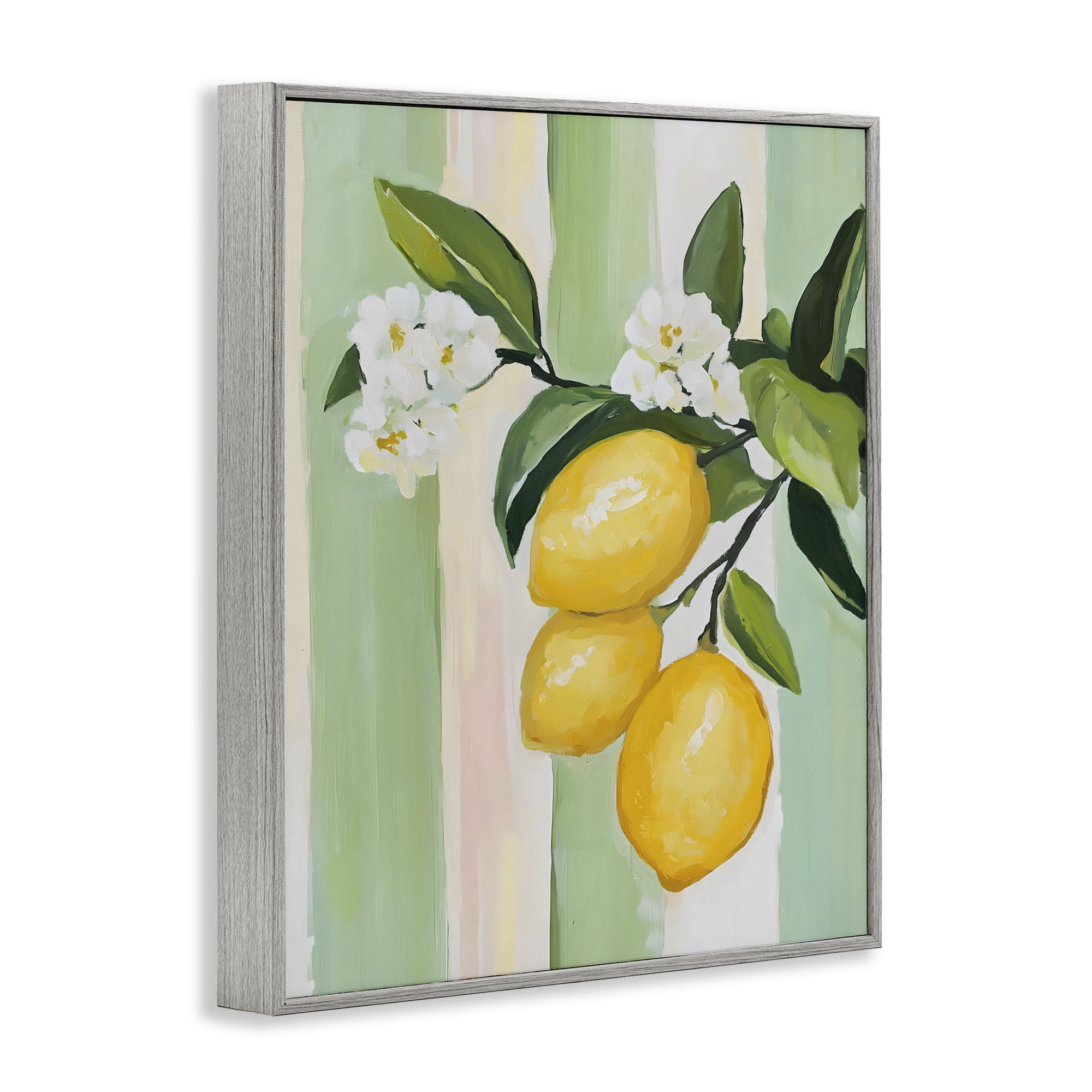 Stupell Industries Lemons & Flowers on Stripes Gray Framed Giclee Art, design by The Prints Vibe