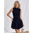 thumbnail image 3 of Navy Blue Stand Collar Sleeveless Ruched Mini Dress With Bubble Hem, 3 of 5