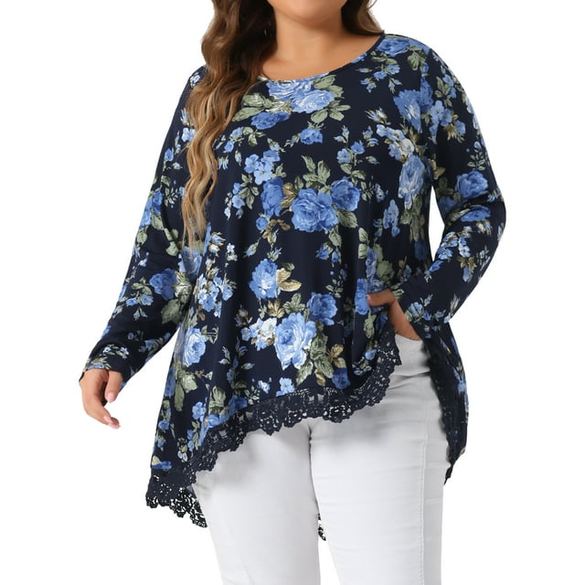 Blusa de tunica floral de mujer plus size con cuello redondo y dobladillo asimétrico de encaje A-Line en azul marino 3X