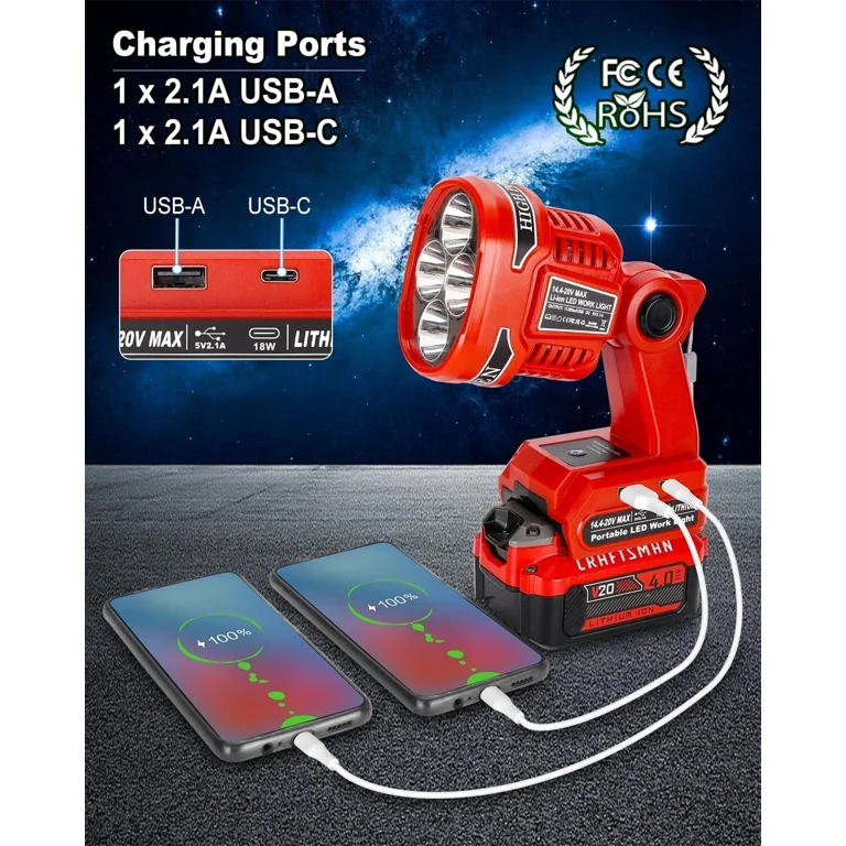 craftsman rechargeable flashlights Taingwei 4200LM LED Work Light for V20 Battery,40W Portable Battery Powered Lights Powered by 20V Battery, LED Flashlight Tools for Men Made from durable plastic and metal CRAFTSMAN V20 LED Work Light,