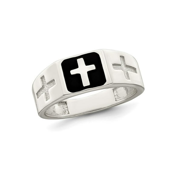 Gem & Harmony Mens Sterling Silver Enameled Cross Ring for Men