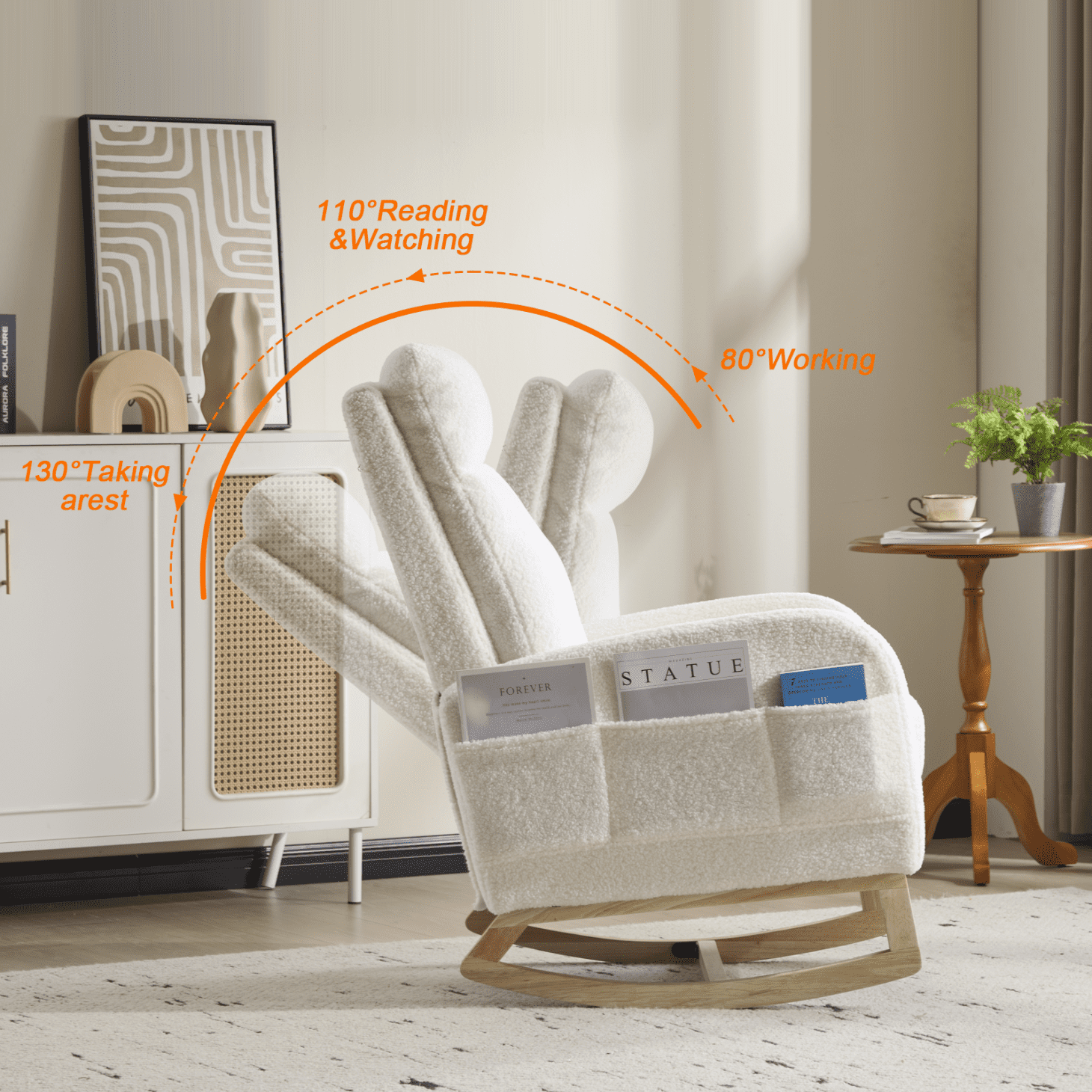 Rocking Chair Nursery with Foot Rest, Upholstered Teddy Rocker Chair with Side Pocket, Accent Nursing Glider Arm Chair with Wood Legs, White