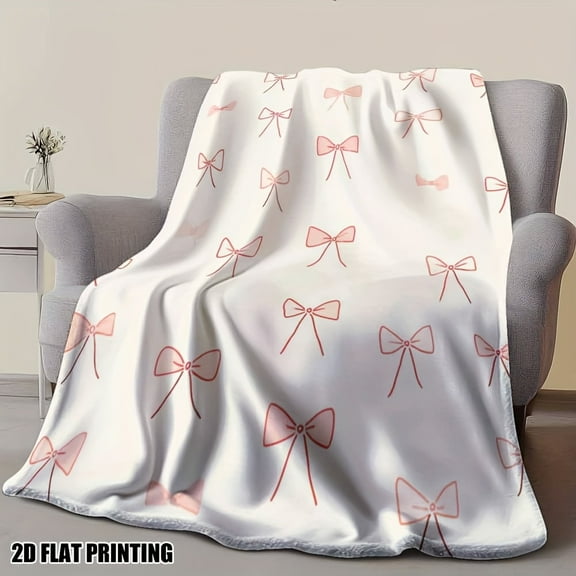 1pc Pink Bow & Cream Flannel Throw Blanket - Ultra-Soft Lightweight All-Season Bedspread with White Bow Accent, Pink Bow Pattern on Cream - Cozy Sofa, Bed, Travel & Camping Blanket for,,, Dorm