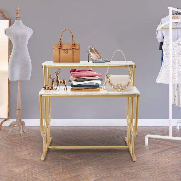 DENEST 2-Tier Metal Display Table with Golden Frame - 31.5x18.9x31.5inch, Elegant White Top for Home