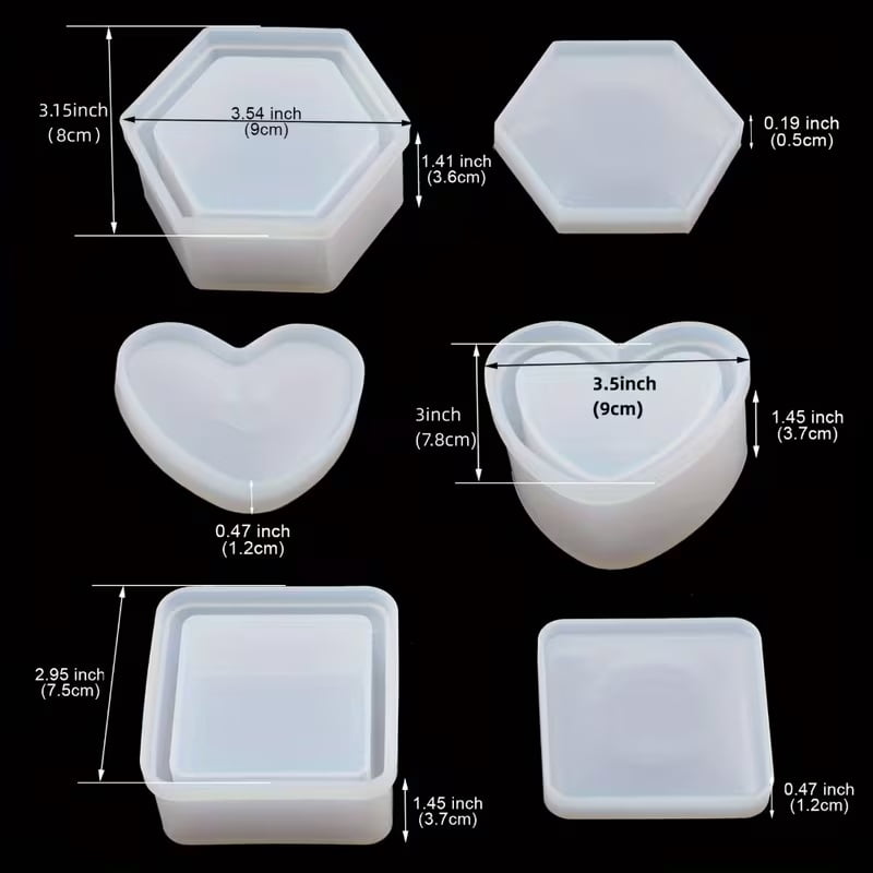 3 piece epoxy resin mold set, silicone jewelry box mold, heart shape & square, bendable storage container DIY hand making tools