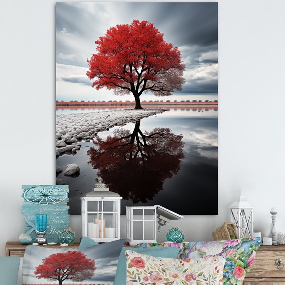 Designart "Monochrome Red And Grey Tree silence II" Landscape Trees Canvas Print