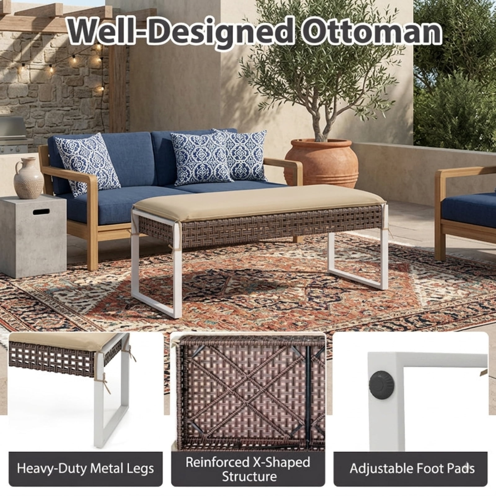 Furnibear 43 Inch Patio Rectangle Ottoman Set of 2, Outdoor PE Rattan Wicker Footrest with Metal Legs & Cushion for Backyard Poolside, 800 LBS, Beige
