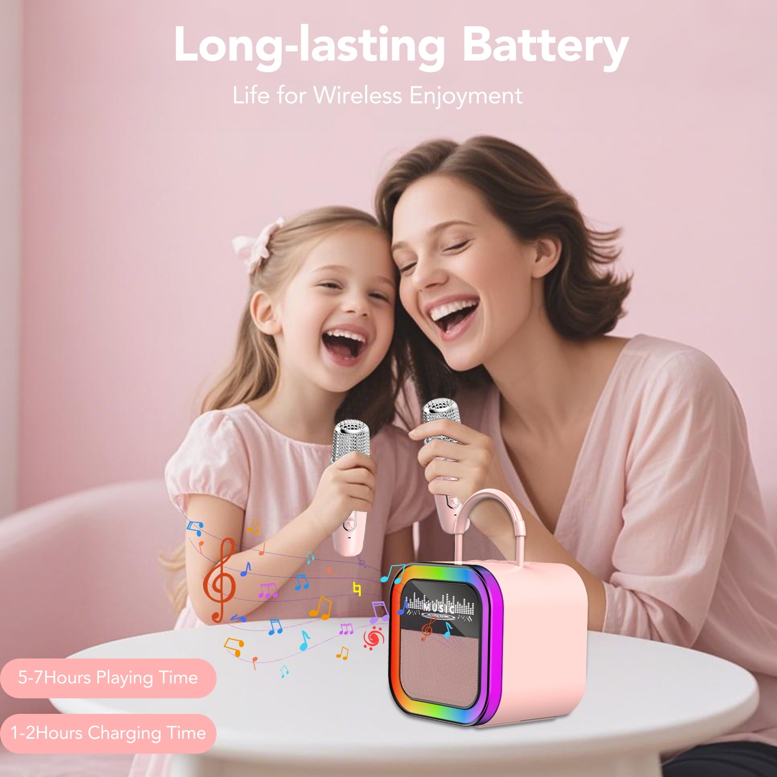 Mini Karaoke Machine for Kids Adults, Portable Bluetooth Speaker with 2 Wireless Microphones, Birthday Gifts for Ages 3-12 Year Old, Voice Changer, Portable Karaoke Machine for Family Party