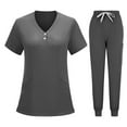 thumbnail image 2 of Jinhomg Scrubs for Women Set Button V-Neck Short Sleeve Caregiver Top & Drawstring Elastic Waist Joggers with Pockets 2 Pieces Scrub Uniforms Gray M, 2 of 5