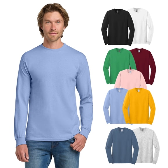 Gildan Men's Heavy Cotton Long Sleeve T-Shirt, Crew Neck Cotton Tee, Assorted Color, 9-Pack, S