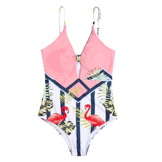 Traje De BañO Para Mujer Traje De BañO Sin Mangas Con Estampado De Hojas De Animales Con Cuello En V XBTCLXEBCO Rosa;XL