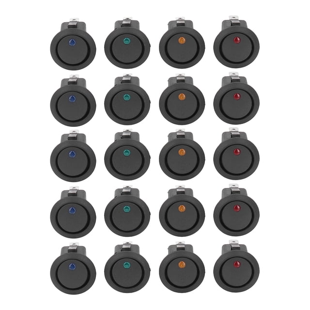 20 interruptores basculantes redondos de 12 V con luz LED, 3 pines, 2 niveles, SPST, azul, verde, amarillo, rojo, KCD1