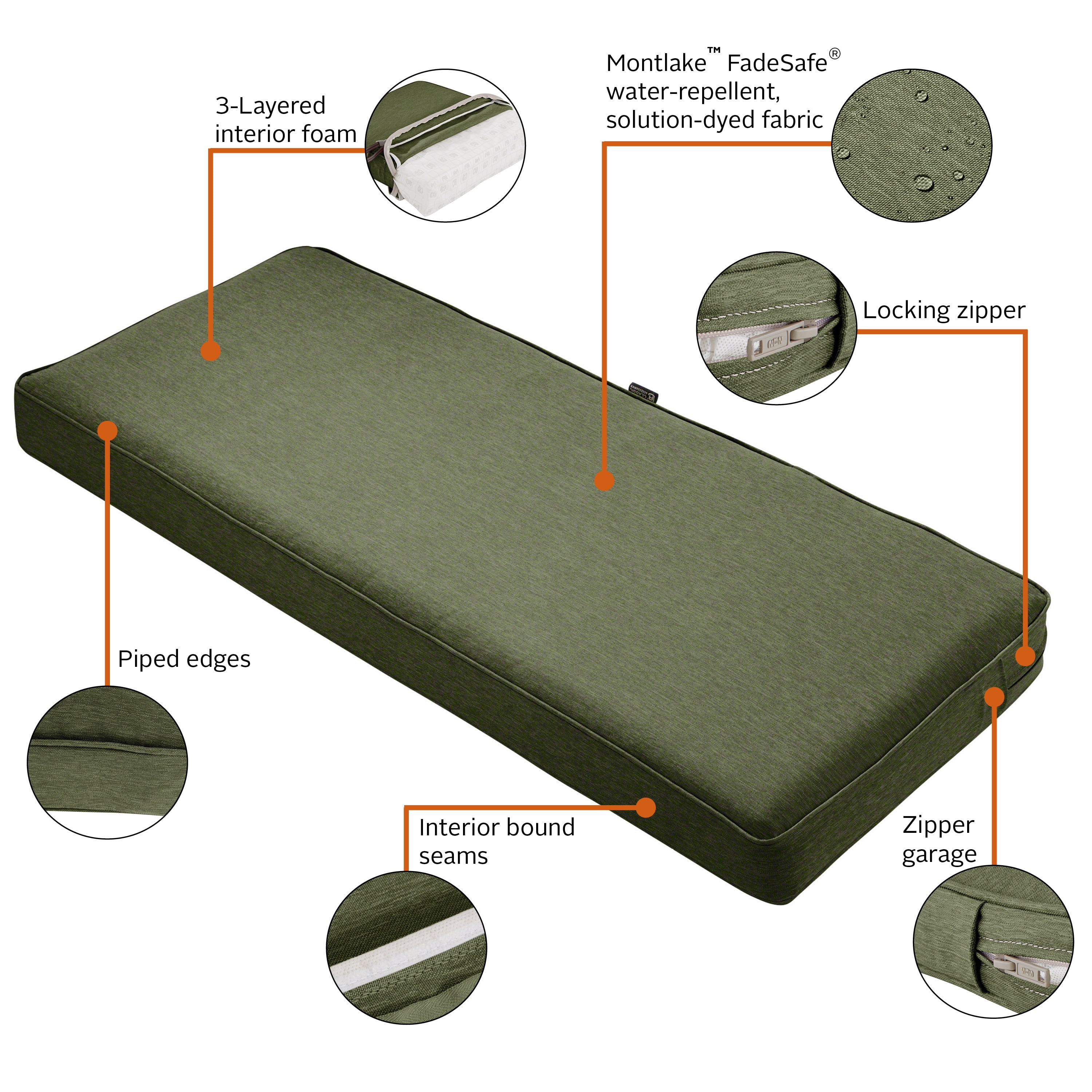 Classic Accessories Montlake Water-Resistant 41 x 18 x 3 Inch Patio Bench/Settee Cushion Slip Cover Heather Fern Green