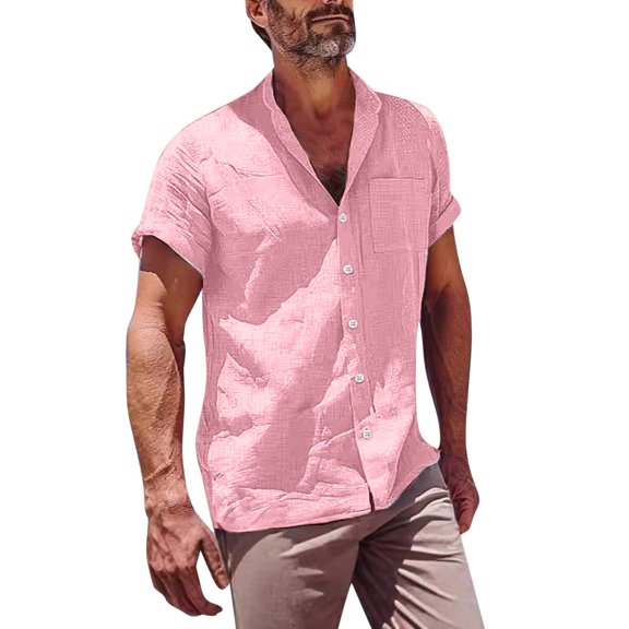 Hot days, bold styles YLSDY Cotton Linen Casual Button Down Tops for Men, Summer Classic Short Sleeve Pocket Tees Hawaiian Beach Vacation Shirts Pink M