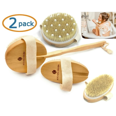 Wet Dry Body Bath Foot Brush - 2 Pack With Massage Nodes & Long Handle - Removes Dead Skin And Toxins - Improve Your Circulation - Natural Bristle Back Scrubber for Exfoliating Skin & Foot Scrub (Best Way To Exfoliate Legs)