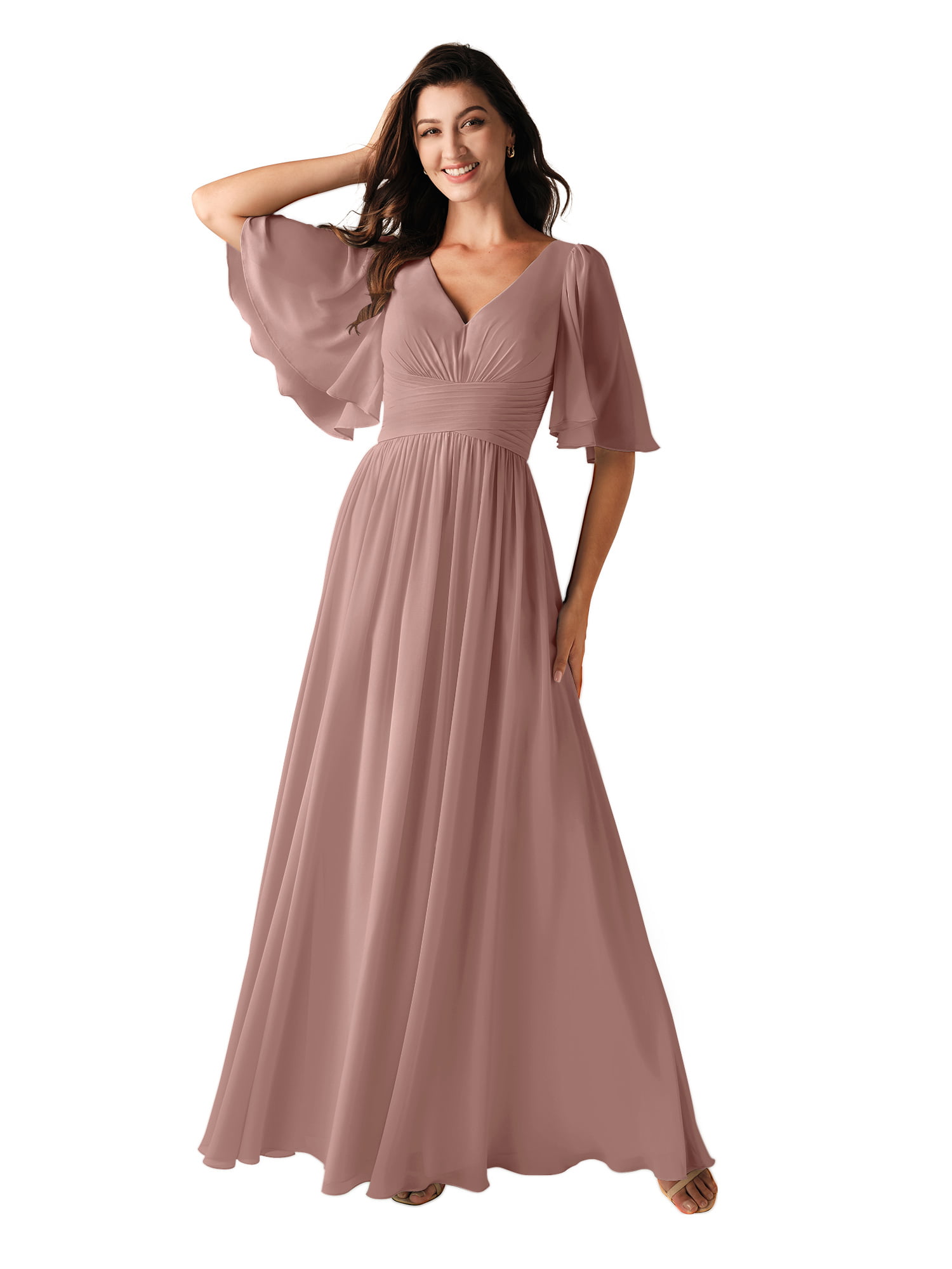 Alicepub Faux Wrap V-Neck Chiffon Bridesmaid Dress Long Prom Formal Gown with Short Sleeves