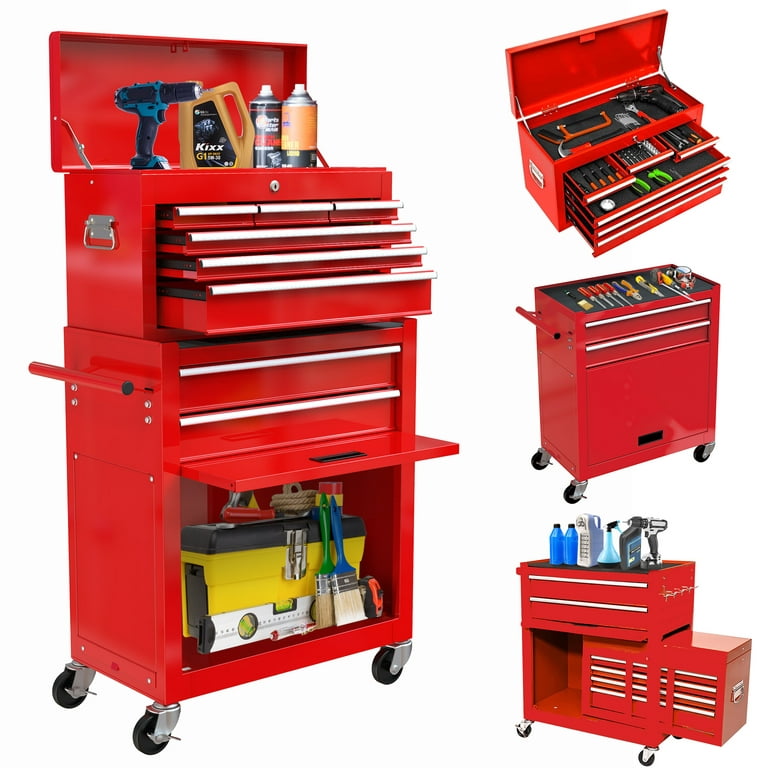 8 Drawer High Capacity Rolling Tool Chest, Large Removable Steel Tool Box  with Lockable Drawers and Wheels, 2 in 1 Portable Toolbox Storage Cabinet