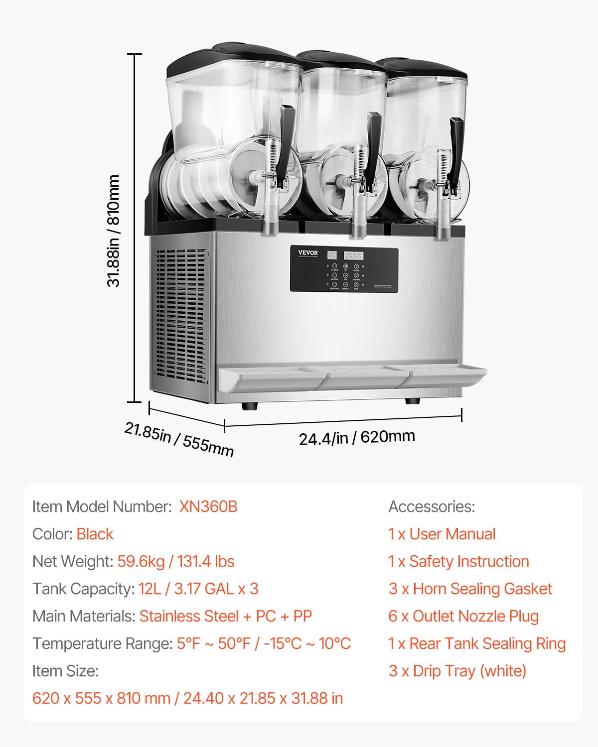 KFFKFF Commercial Slushy Machine, Frozen Drink Maker, Stainless Steel PC PP, 24.4×21.85×31.88 in