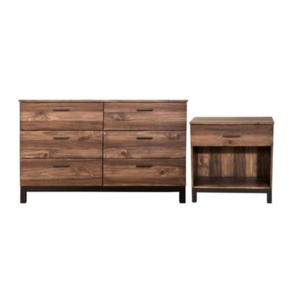 Home Square 2 Piece Set with Nightstand and 6-Drawer Dresser in Rustic Pine