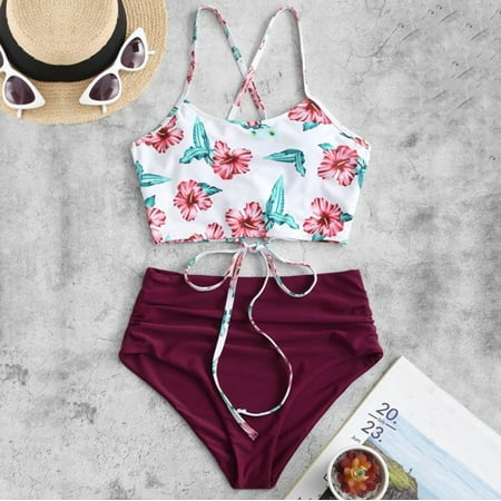 

Finelylove Two Piece Swimsuit For Women Lace Sport Bra Style High Waist White M