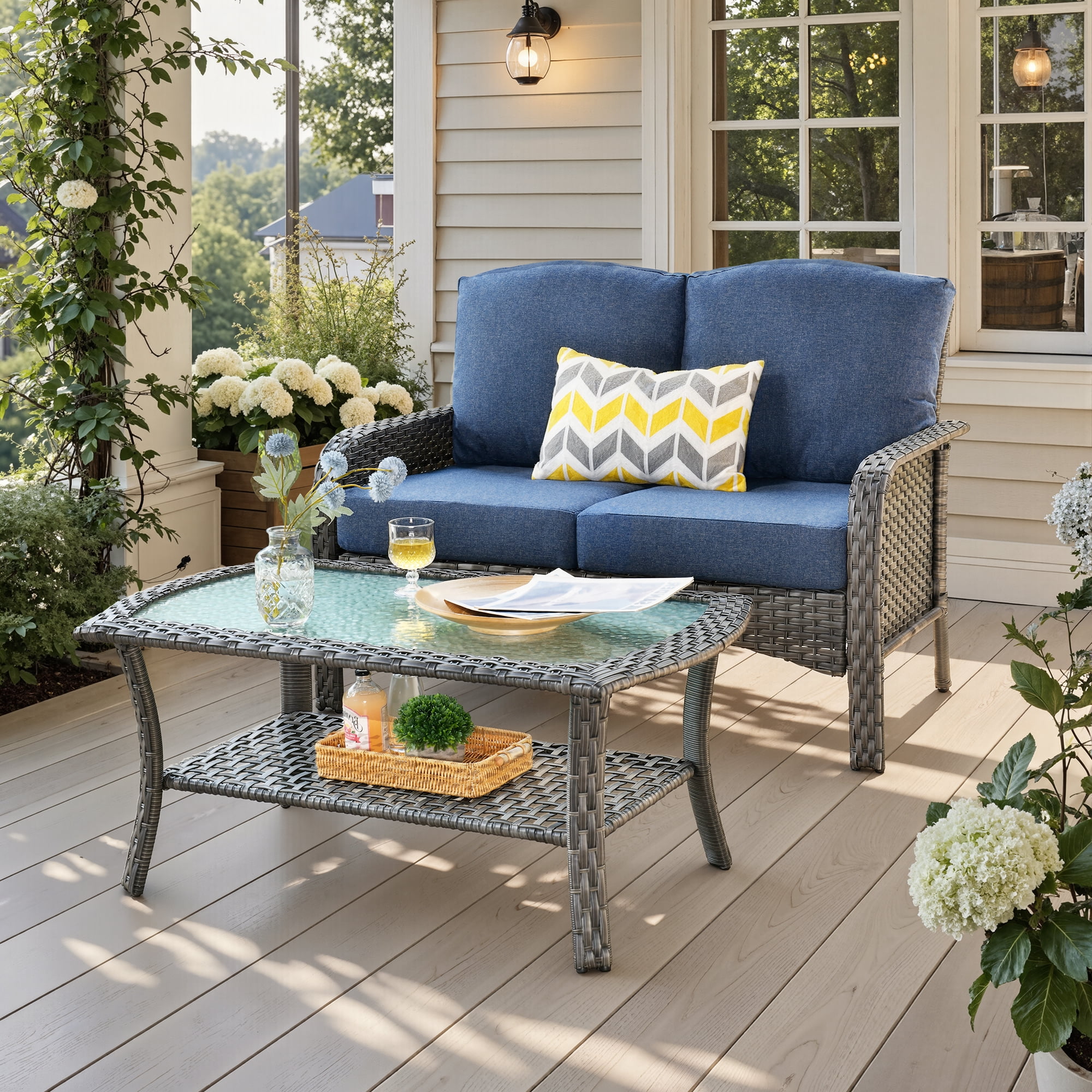 Ovios 2 Pieces Outdoor Patio Furniture High Back Wicker Rattan Outdoor Sectionals Set with Table for Backyard Balcony