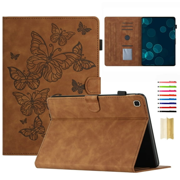 Case for Samsung Galaxy Tab S6 Lite 10.4" 2020 / 2022 / 2024, Embossed PU Leather Folio Stand Cover Drop Protective with Auto Wake/Sleep & Card Slots & Pen Holder - Brown