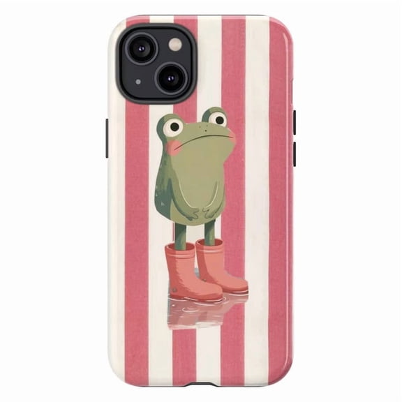 Cute Frog in Rain Boots Phone Case, Pink Striped Cottagecore Aesthetic Cover for iPhone 17 16 15 14 13 12 11 Pro Plus Mini