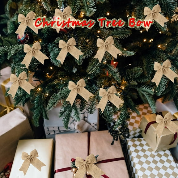 OEFNTAC Burlap Decorative Bow Set 6in Natural Jute Gift Bows for Christmas Tree Wreath Holiday Wedding DIY Craft Party Supplies, Rustic Farmhouse Decor Accent Halloween Decorations