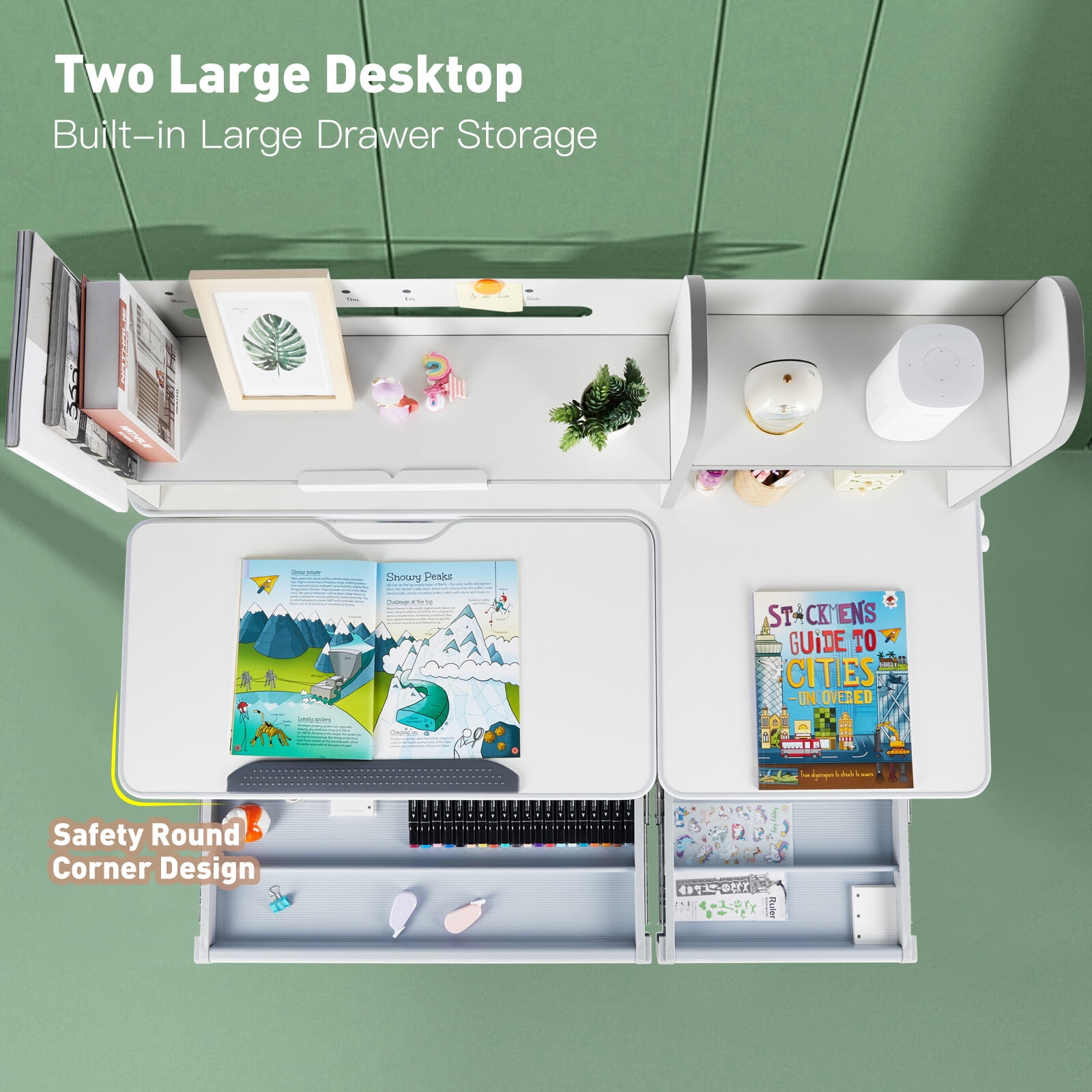 COSVALVE Ergonomic Height Adjustable Kids Study Desk and Chair Set Tilt Desktop Table Armrest Chair Boys Girls Students with Bookstand,Drawer(Gray)