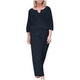 thumbnail image 3 of Dazajoo Womens 2 Piece Lounge Set Summer Cotton Linen 3/4 Sleeve Tops and Wide Leg Long Pants Sets Comfy Loose Lounge Suits Holiday Sales,Dark Blue,M, 3 of 7