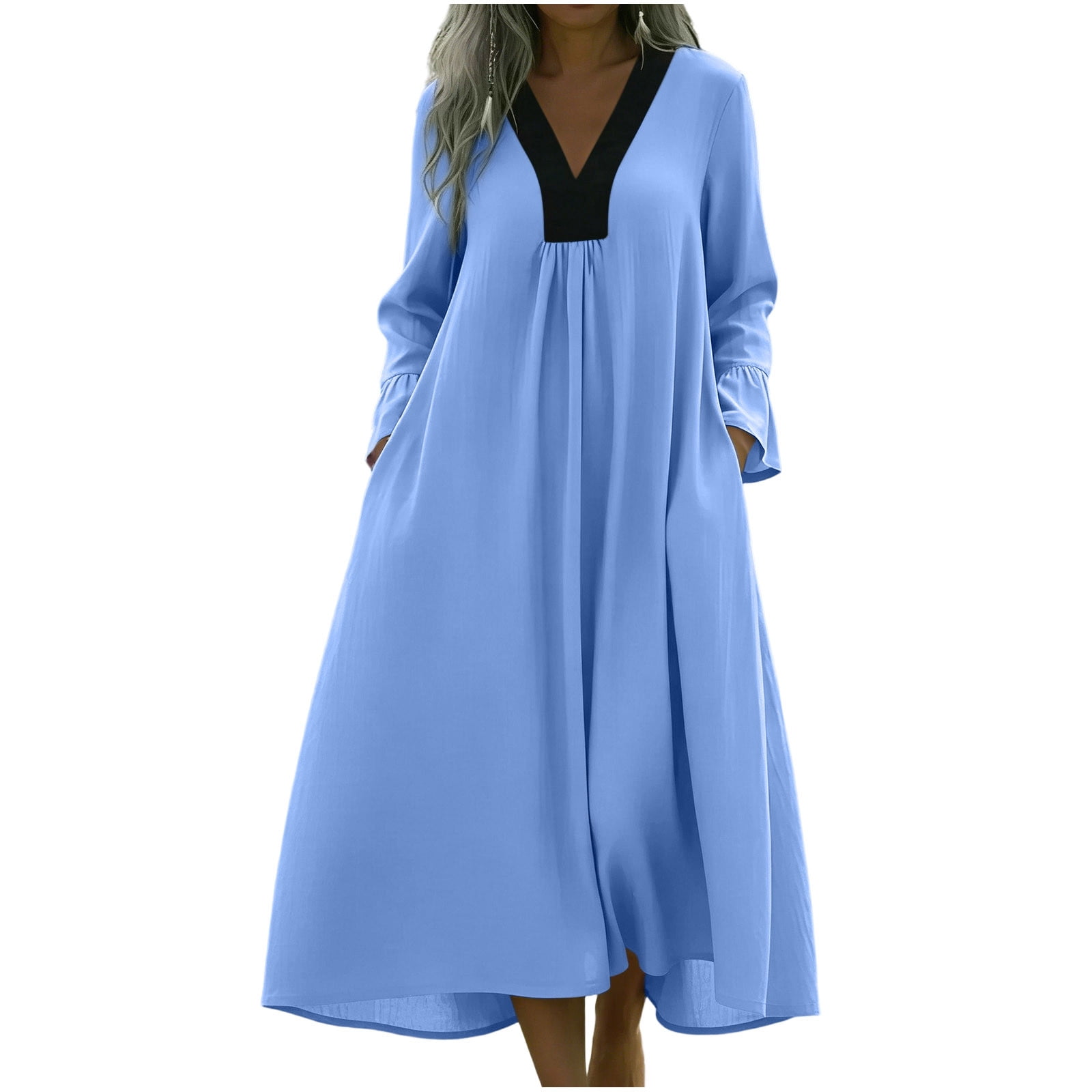 LVHAOGJOB Dresses for Women with Pockets Plus Size Long Sleeve Maxi Dress V Neck Summer Loose Cotton Linen Long Ladies Sundress Flowy