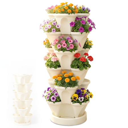 6 Tier Vertical Garden Planter, Self Watering Stackable Planters for Strawberries, Herbs, Flowers, Vegetables, White