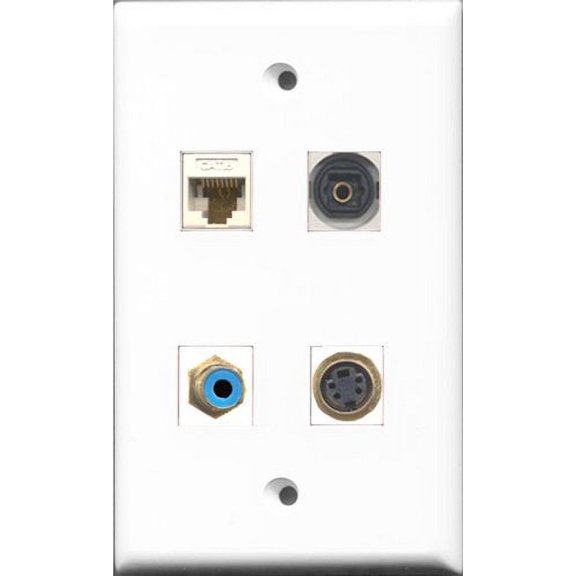 RiteAV 1 Port RCA Blue and 1 Port S-Video and 1 Port Toslink and 1 Port Cat6 Ethernet White Wall Plate