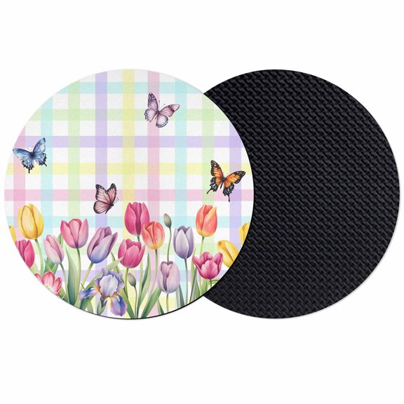 Tulips Spring Floral Coasters Set of 2, Absorbent Coasters for Drinks, Flowers Butterfly Plaid Pastoral Coaster for Desk Coffee Table Protection, Home Decor House Warming Gifts 4"