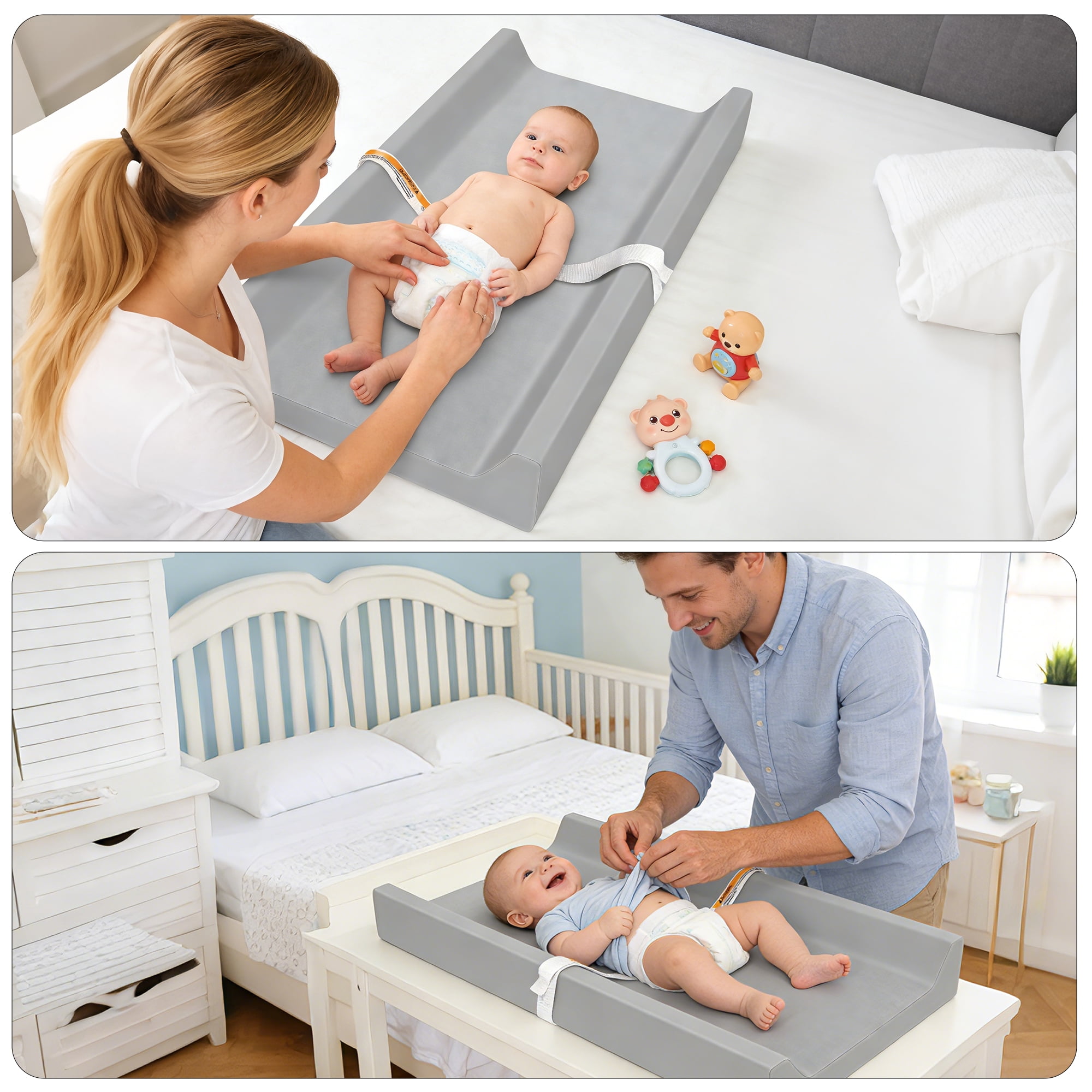 Baby Changing Pad, Qissep Vegan Leather Baby Changing Pad, Waterproof & Wipeable Soft Diaper Changing Pad for Dresser & Table, Grey, 32 x 16 x 4 inch