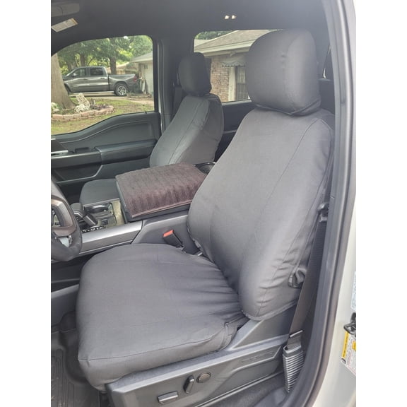 FD89 2019-2025 F150-F550 XL/XLT/Lariat Super Cab Front and Rear Set of Seat Covers. Front Buckets and Rear 60/40 Split Bench, Adjustable HR, No Armrest, With pull tab on side of seat