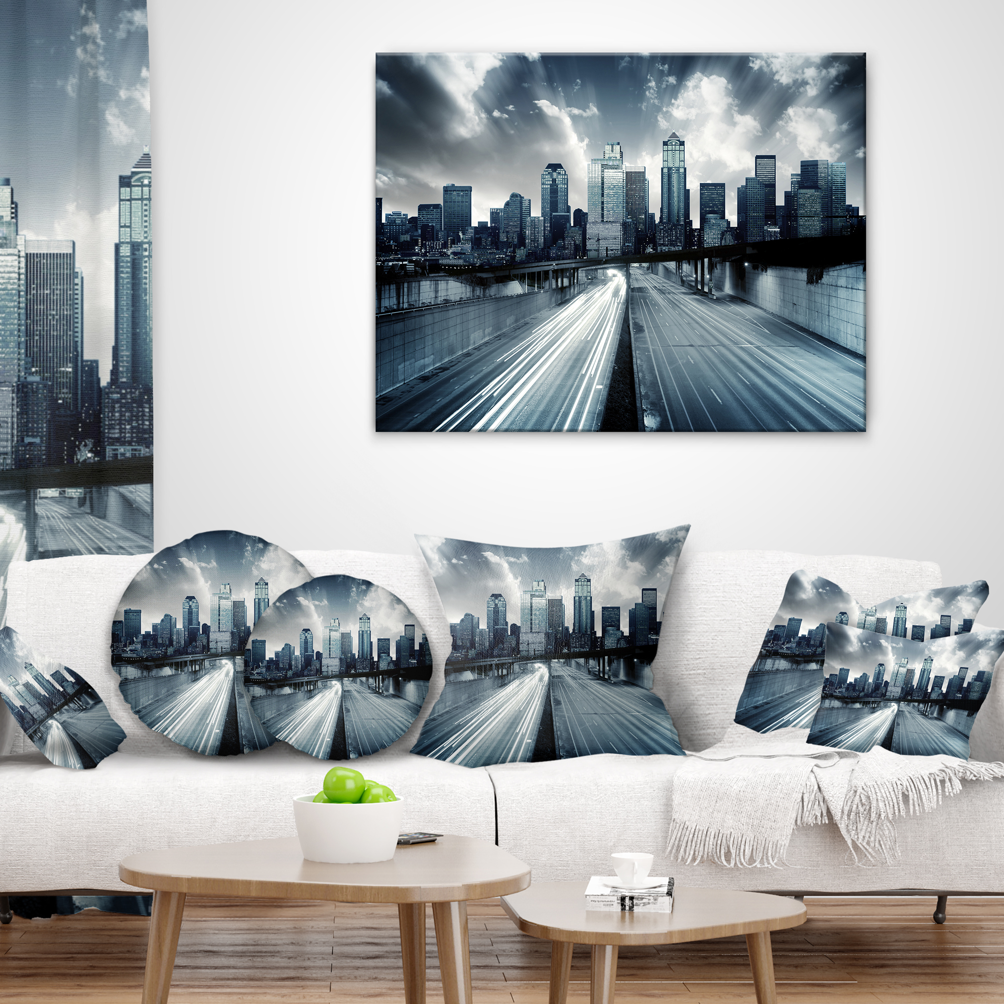 Designart City with Blue Tint - Cityscape Throw Pillow - 16x16