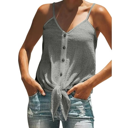 - UKAP Summer Tank Tops for Women Cami Shirts V Neck Tie Knot Button Down Casual Sleeveless Strappy Loose Spagetti Strap Fashion Blouses