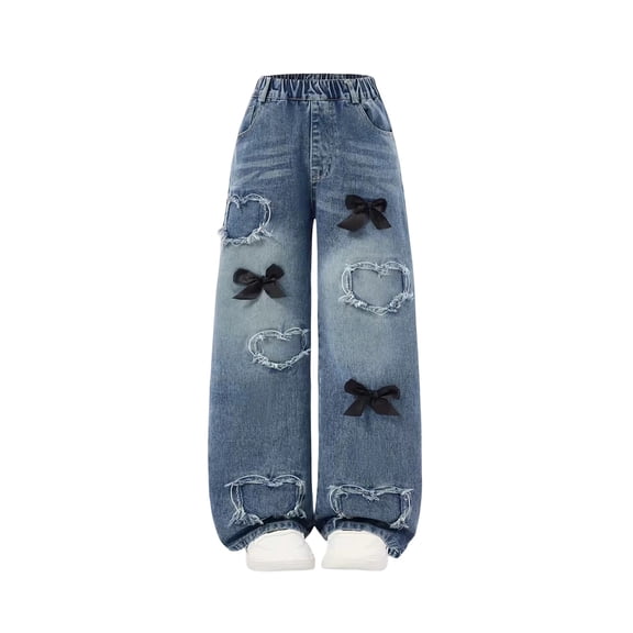 PLHWHYQ Girls Wide-Leg Jeans Elastic Waist Straight Denim Pants with Heart-shaped Patches and Bow decoration Blue 13-14 Years