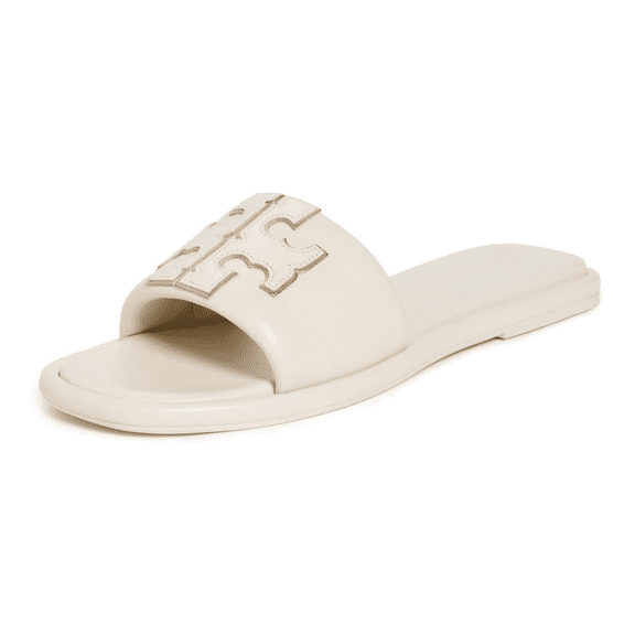 Tory Burch Women's Double T Metallic Leather Sport Slides, Light Cream/Gold, 10