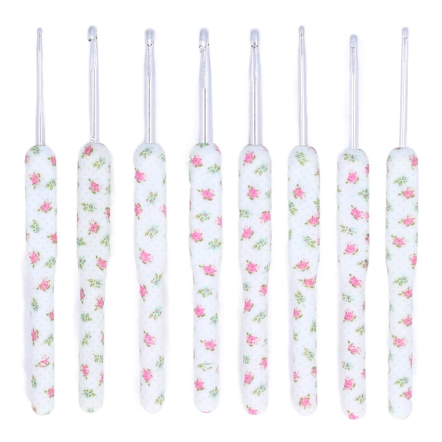 ganchos de crochet, diseño ergonómico, mango cómodo, fácil identificación, compactos, portátiles, suministros para tejer, flores blancas