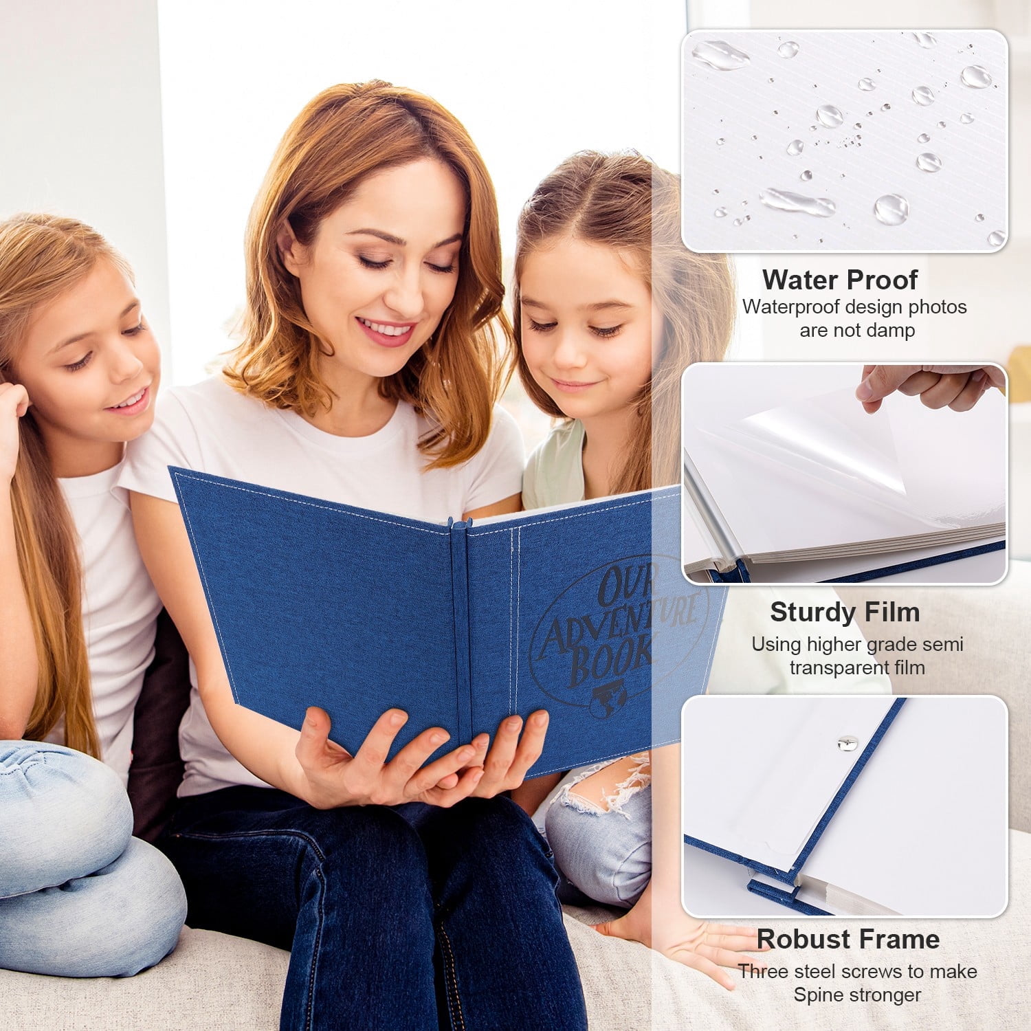 TJT Photo Album for 3x5 4x6 5x7 8x10 Pictures, 40 Pages Large Self Adhesive Pictures Album Birthday Christmas Wedding Anniversary, Linen Blue